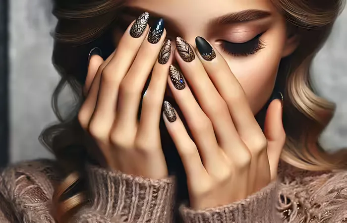 المناكير الأسود مع الذهبي: لمسة ملكية ساحرة